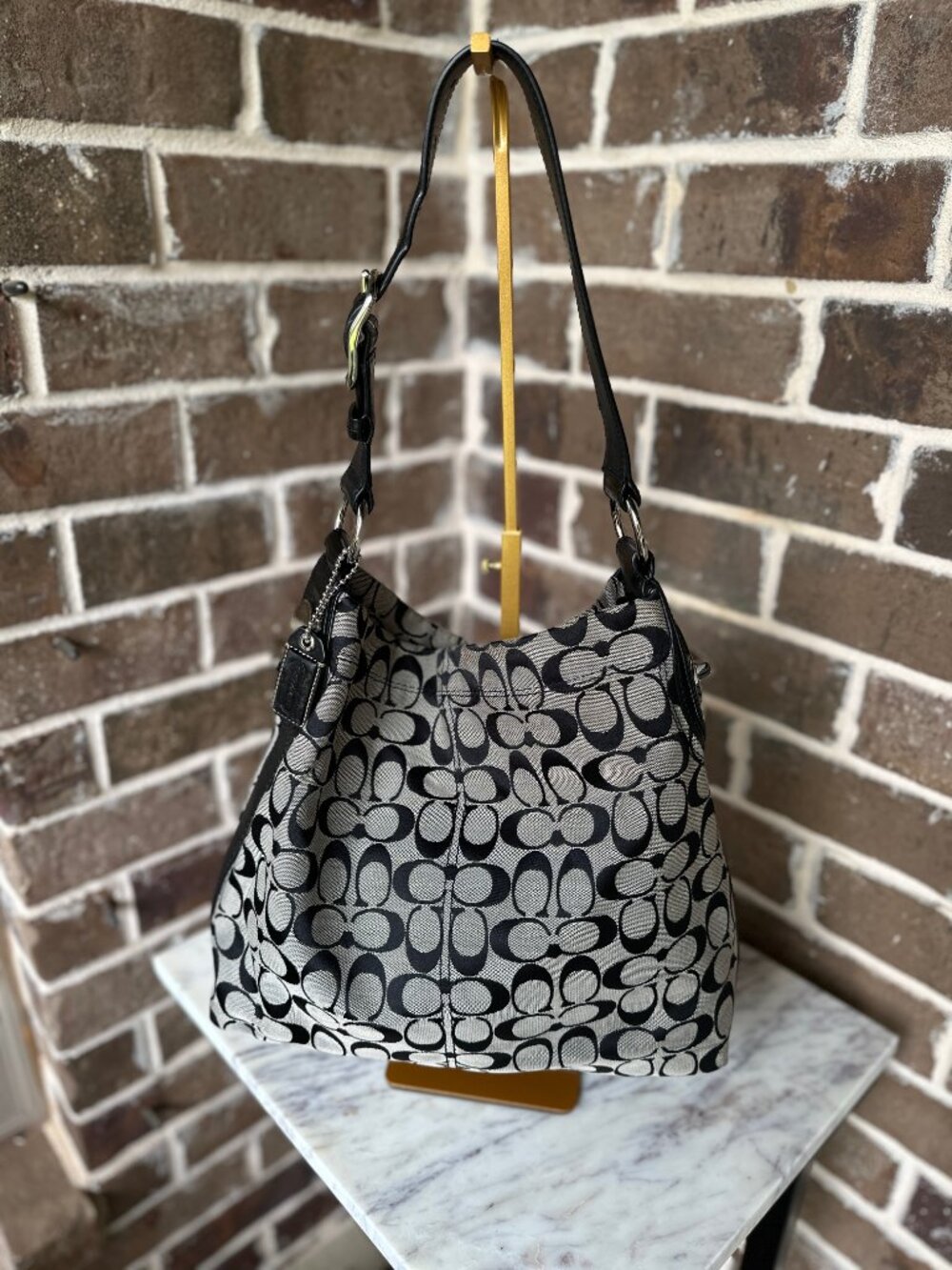 Coach Y2K Penelope Jacquard Signature Large Hobo Shoulder Bag Black Grey F16538